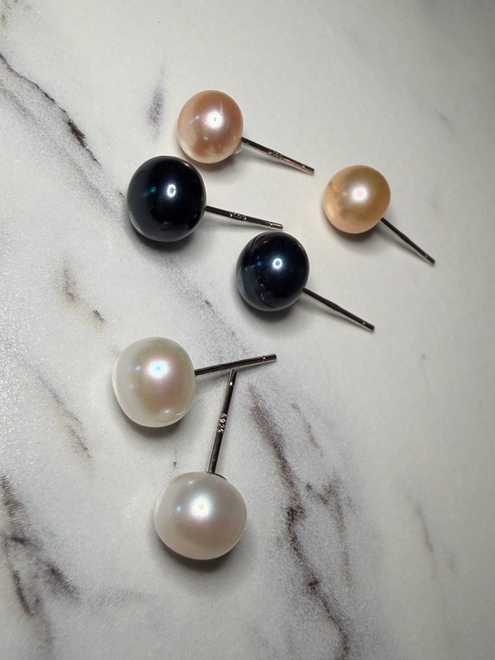 NWT Genuine Pearl Stud Earrings Set of 3 Pink White Black 925 Sterling Silver